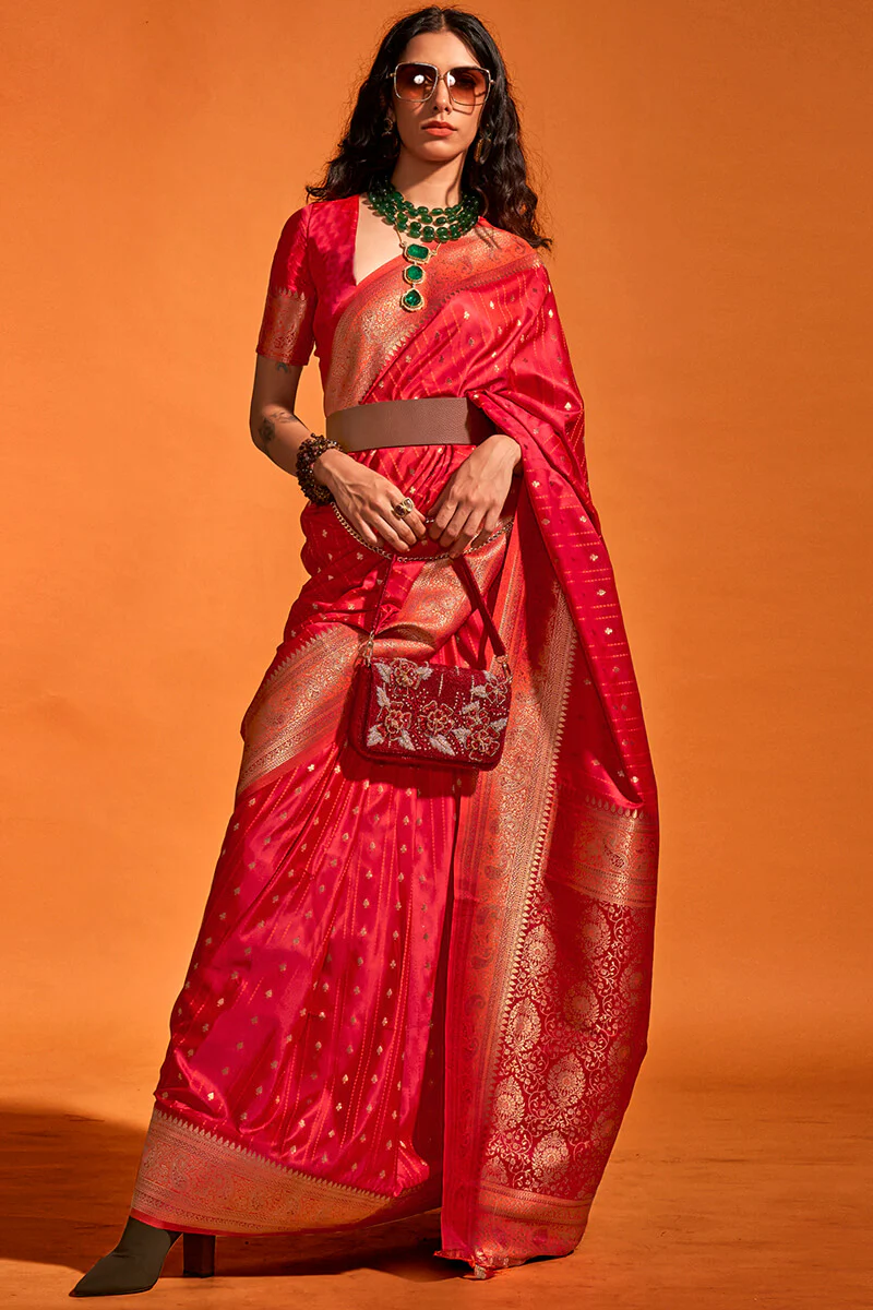 Demure Red Soft Banarasi Silk Saree With Vibrant Blouse Piece