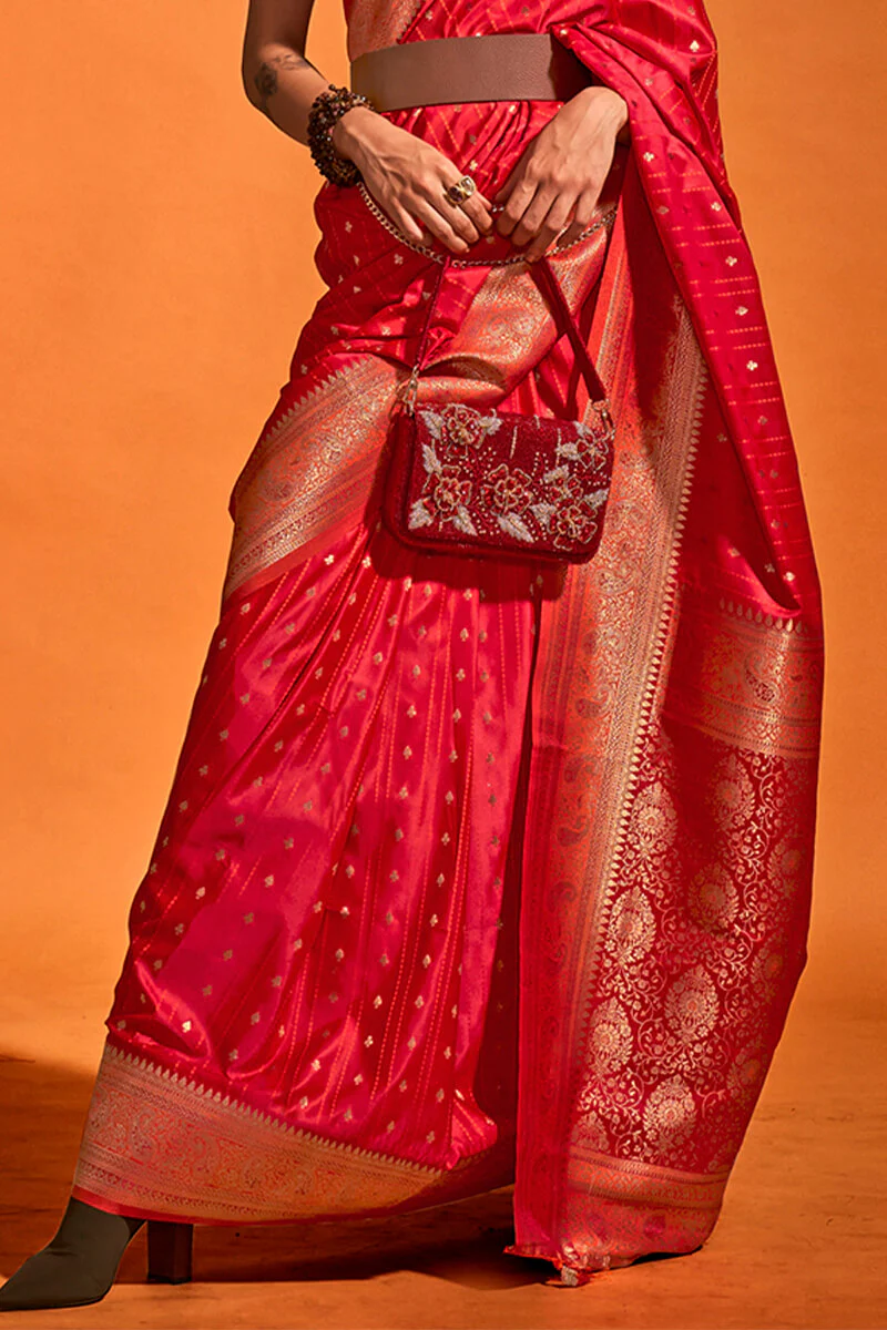 Demure Red Soft Banarasi Silk Saree With Vibrant Blouse Piece - Image 3