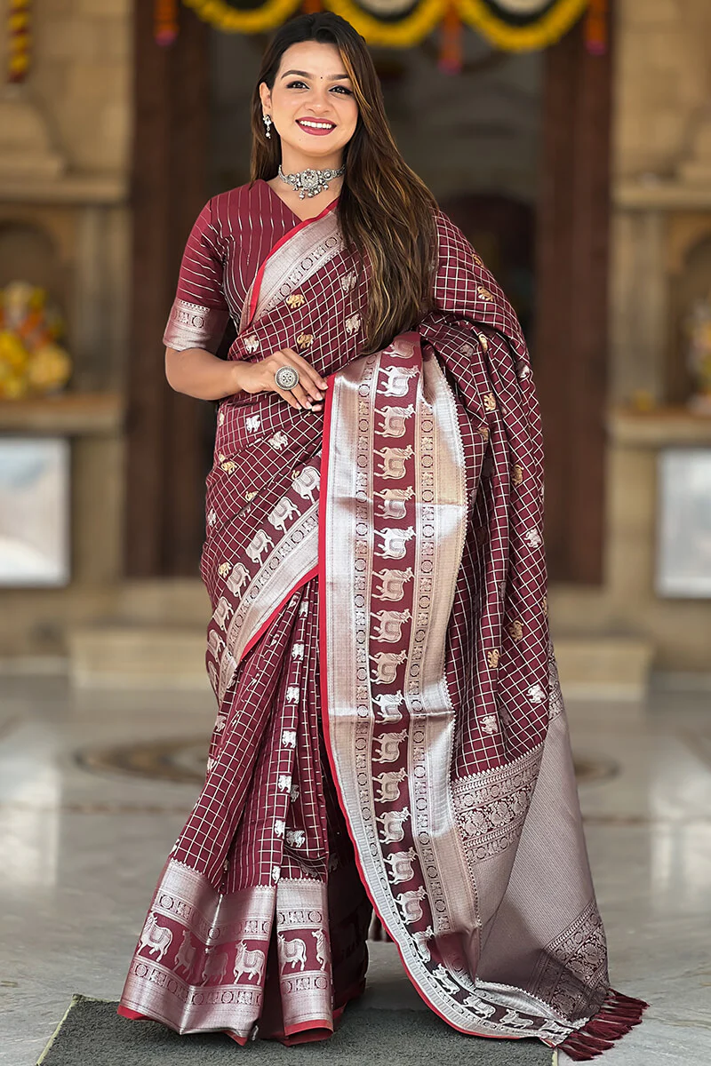 Demure Wine Soft Banarasi Silk Saree With Fancifull Blouse Piece - Image 4