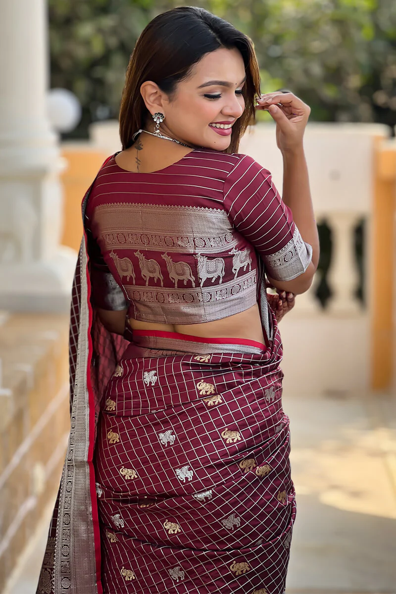 Demure Wine Soft Banarasi Silk Saree With Fancifull Blouse Piece - Image 5