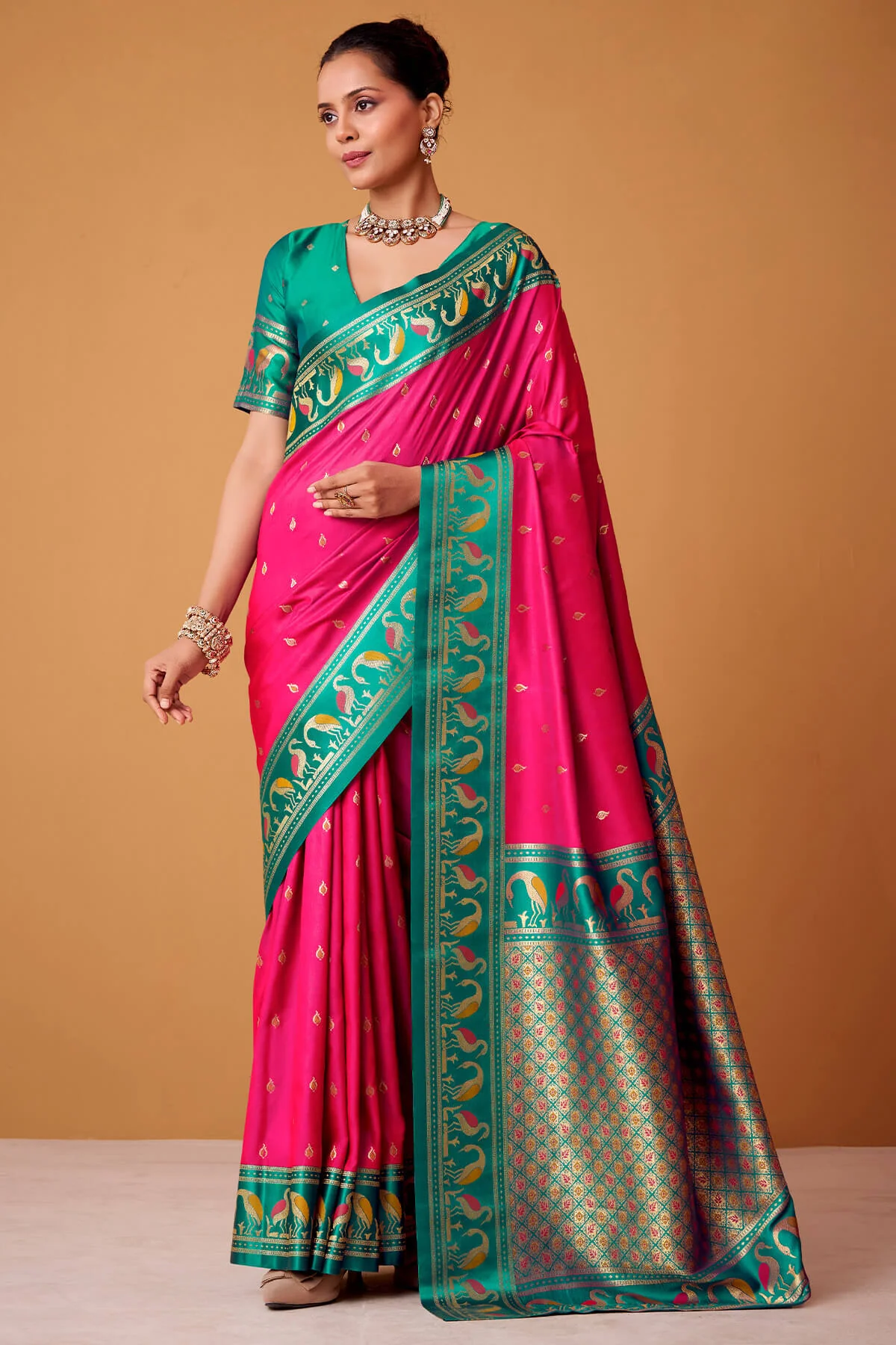 Denouement Dark Pink Banarasi Satin Silk Saree With Sumptuous Blouse