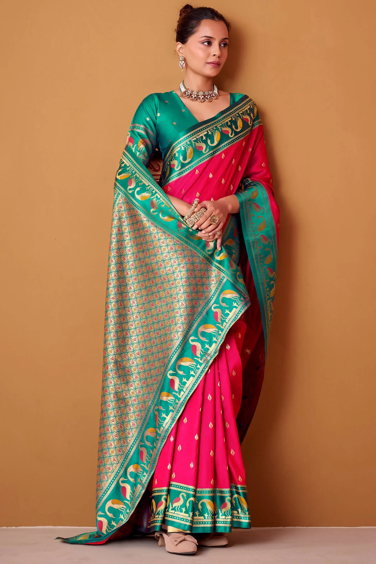 Denouement Dark Pink Banarasi Satin Silk Saree With Sumptuous Blouse - Image 3