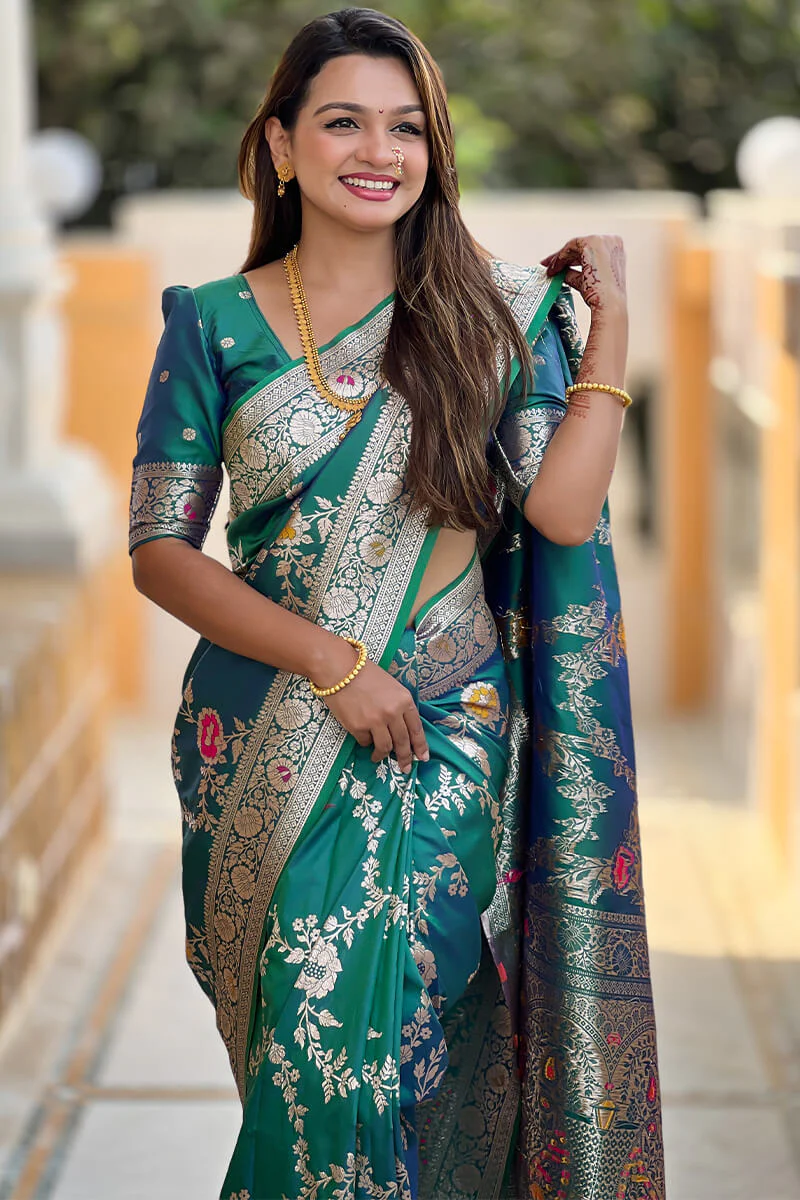 Denouement Rama Soft Banarasi Silk Saree With Fragrant Blouse Piece - Image 4