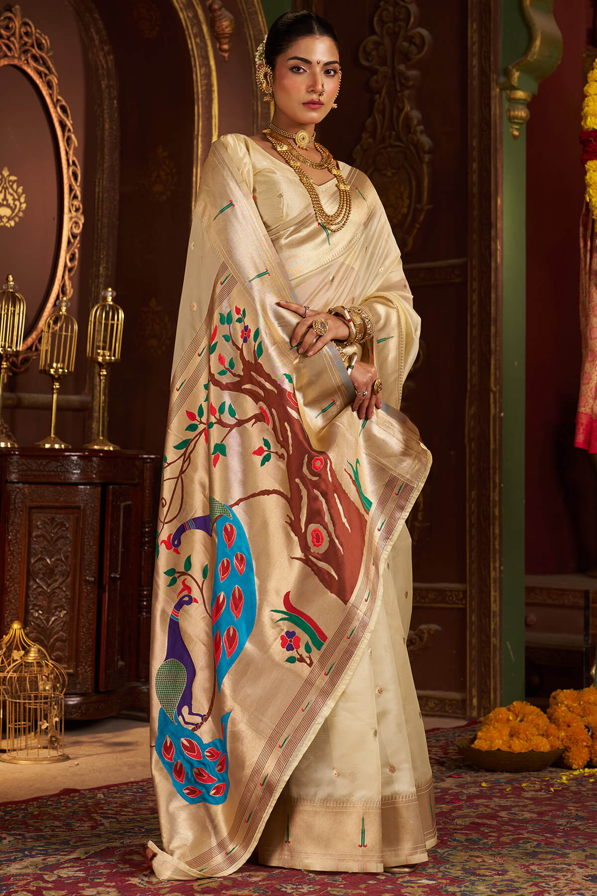 Deserving Beige Organza Paithani Silk Saree With Delightful Blouse Piece - Image 3