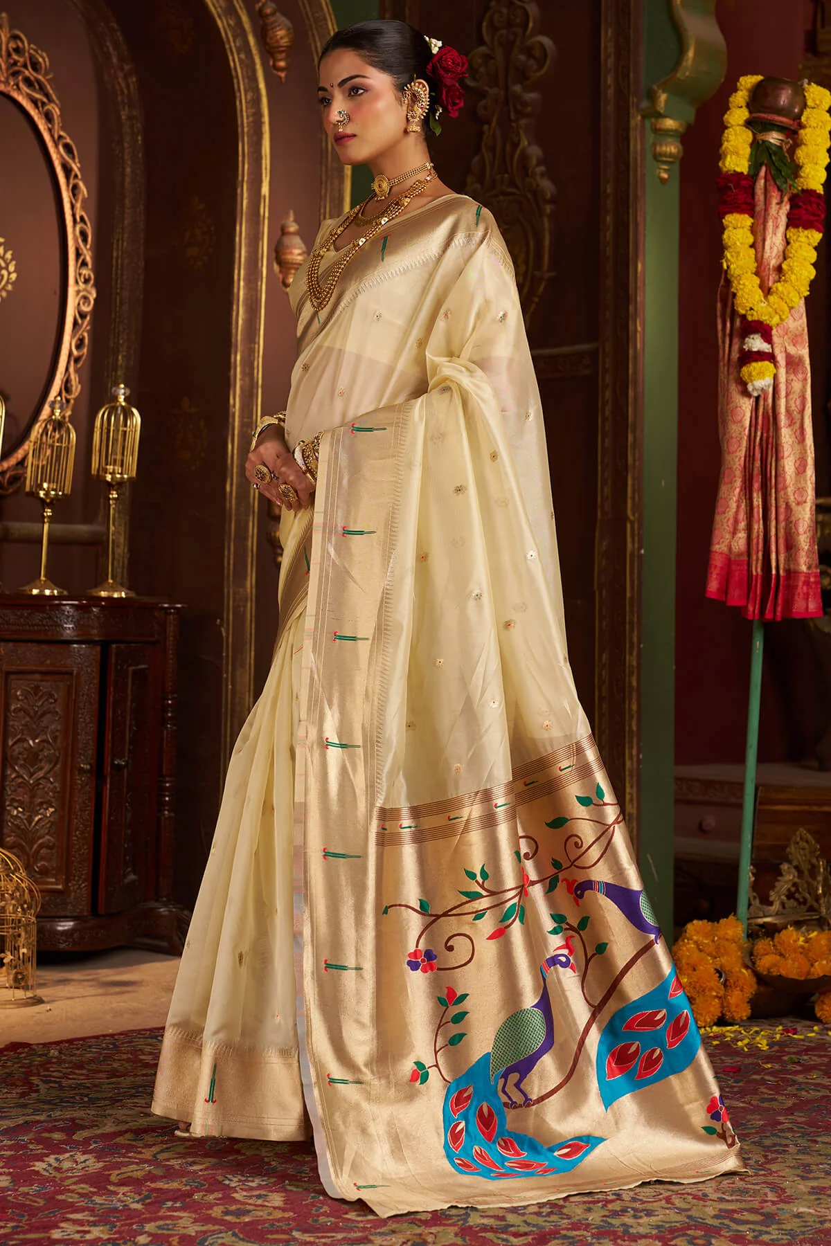 Deserving Beige Organza Paithani Silk Saree With Delightful Blouse Piece - Image 4