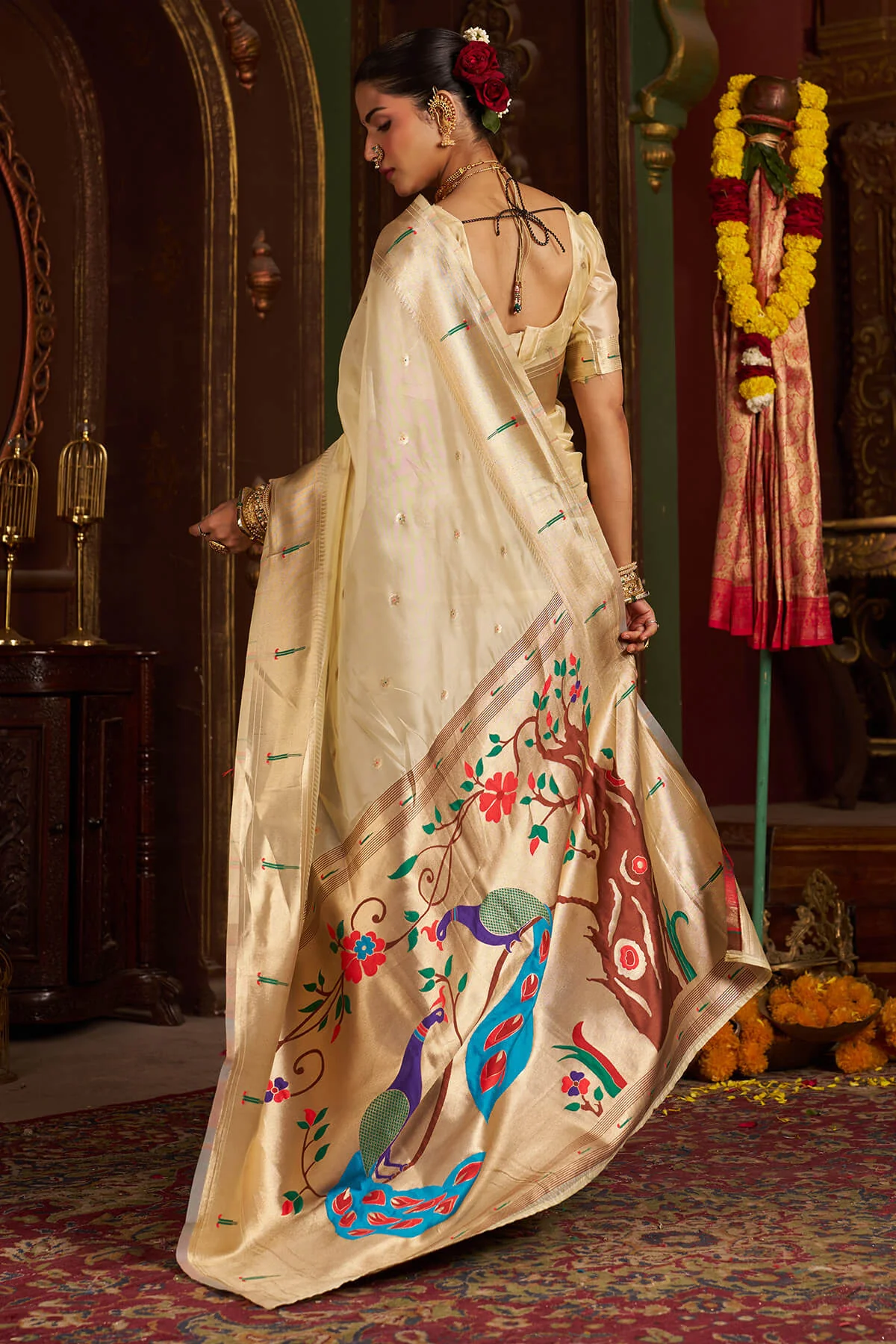Deserving Beige Organza Paithani Silk Saree With Delightful Blouse Piece - Image 5