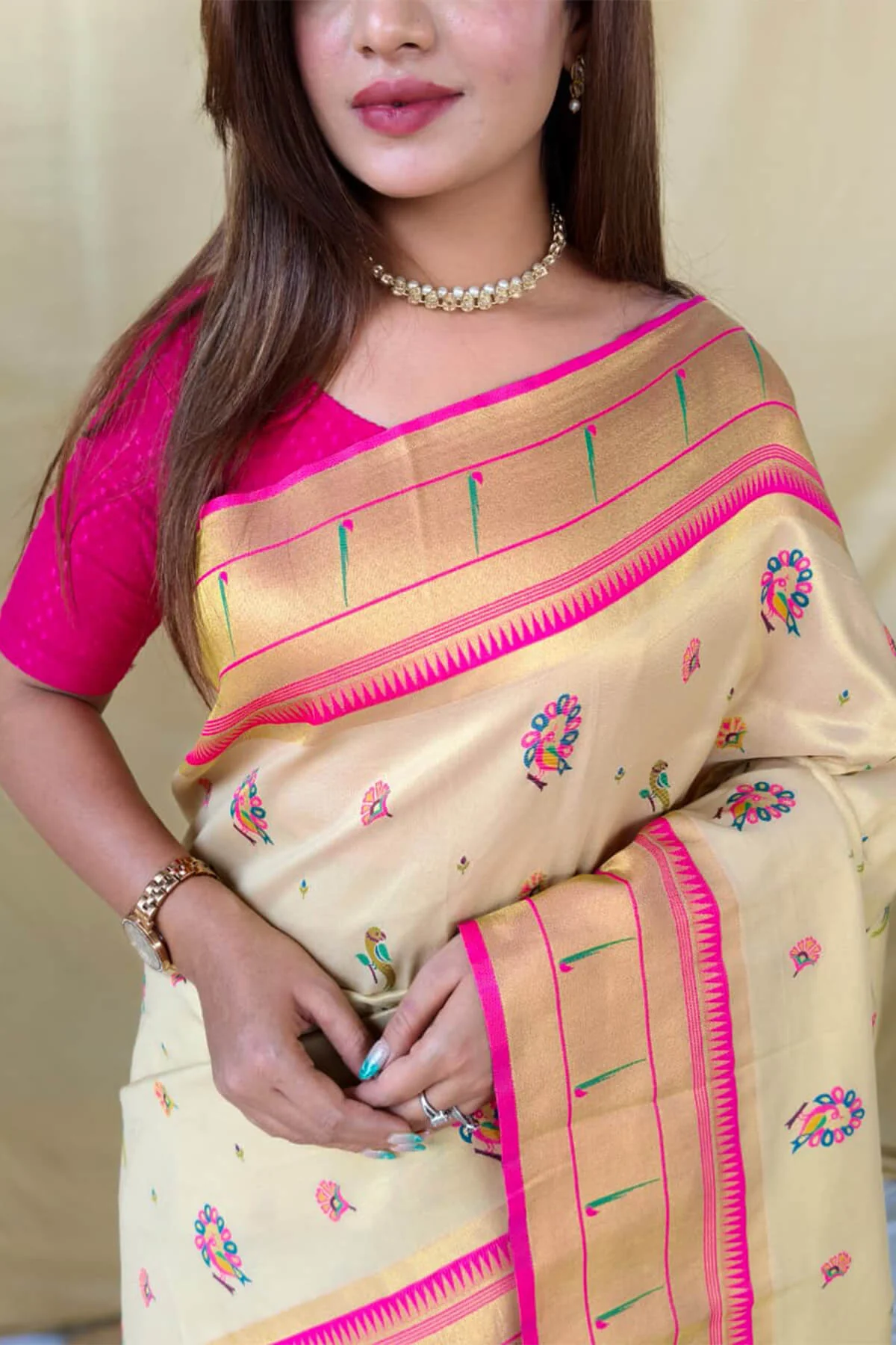 Deserving Beige Tissue Silk Paithani Saree With Ebullience Blouse Piece - Image 4