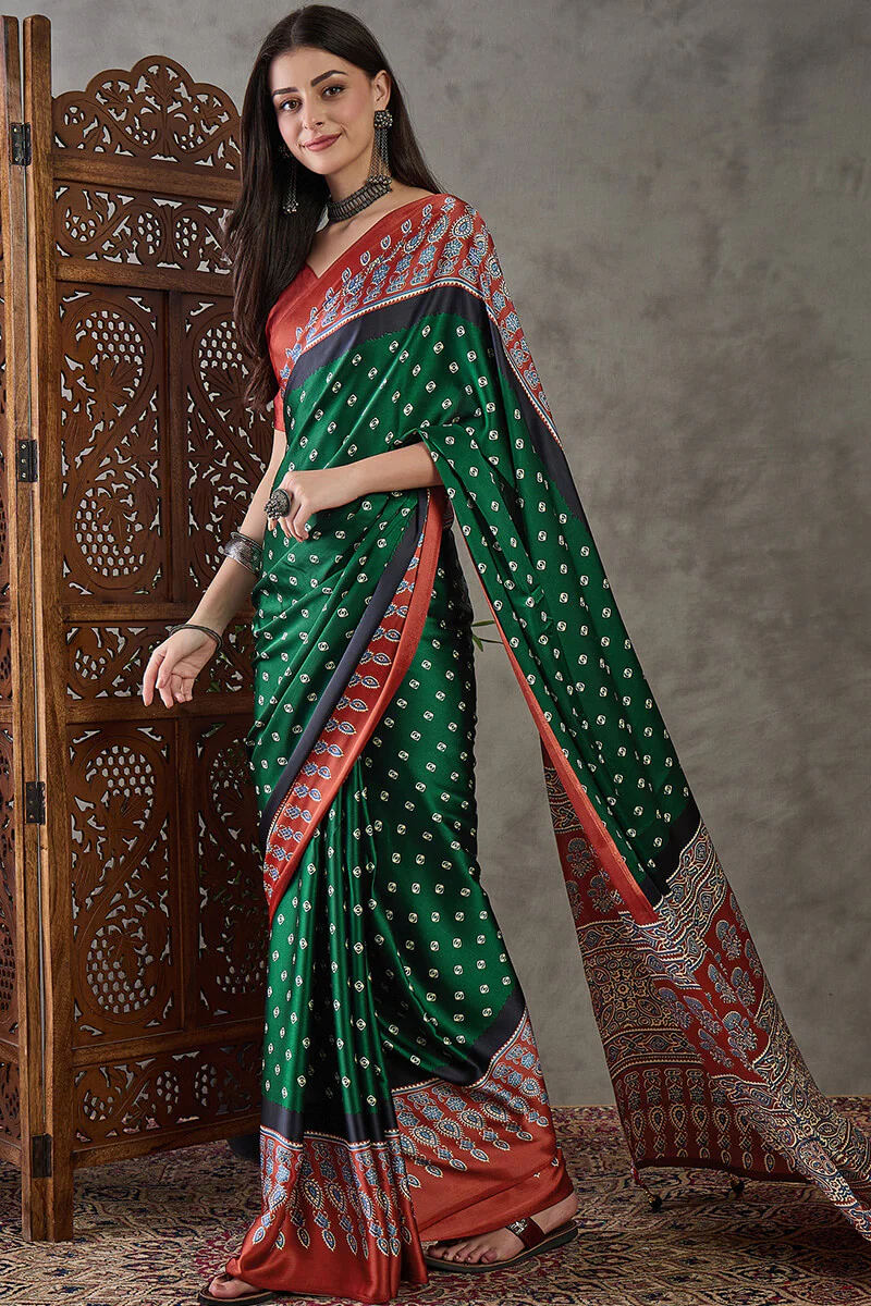 Deserving Dark Green Ajrakh Printed Semi Modal Silk Saree With Stunner Blouse Piece - Image 3
