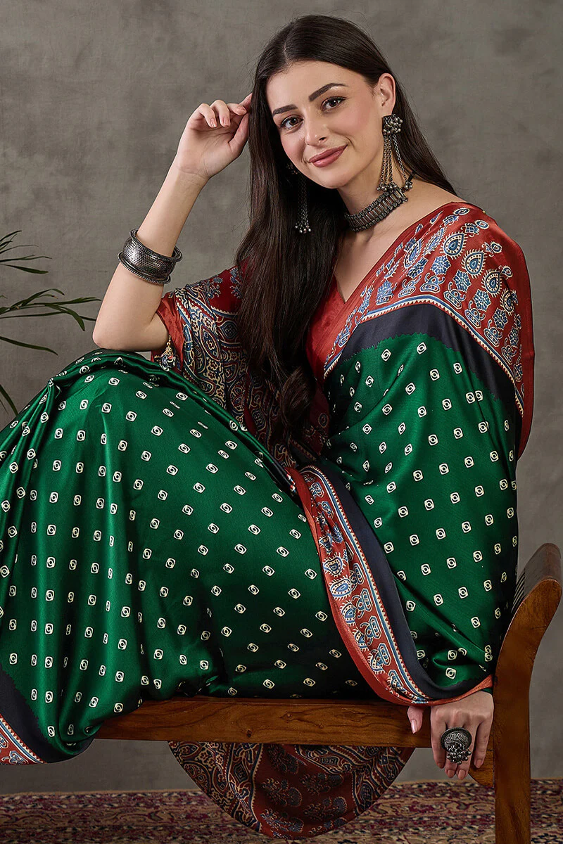 Deserving Dark Green Ajrakh Printed Semi Modal Silk Saree With Stunner Blouse Piece - Image 4
