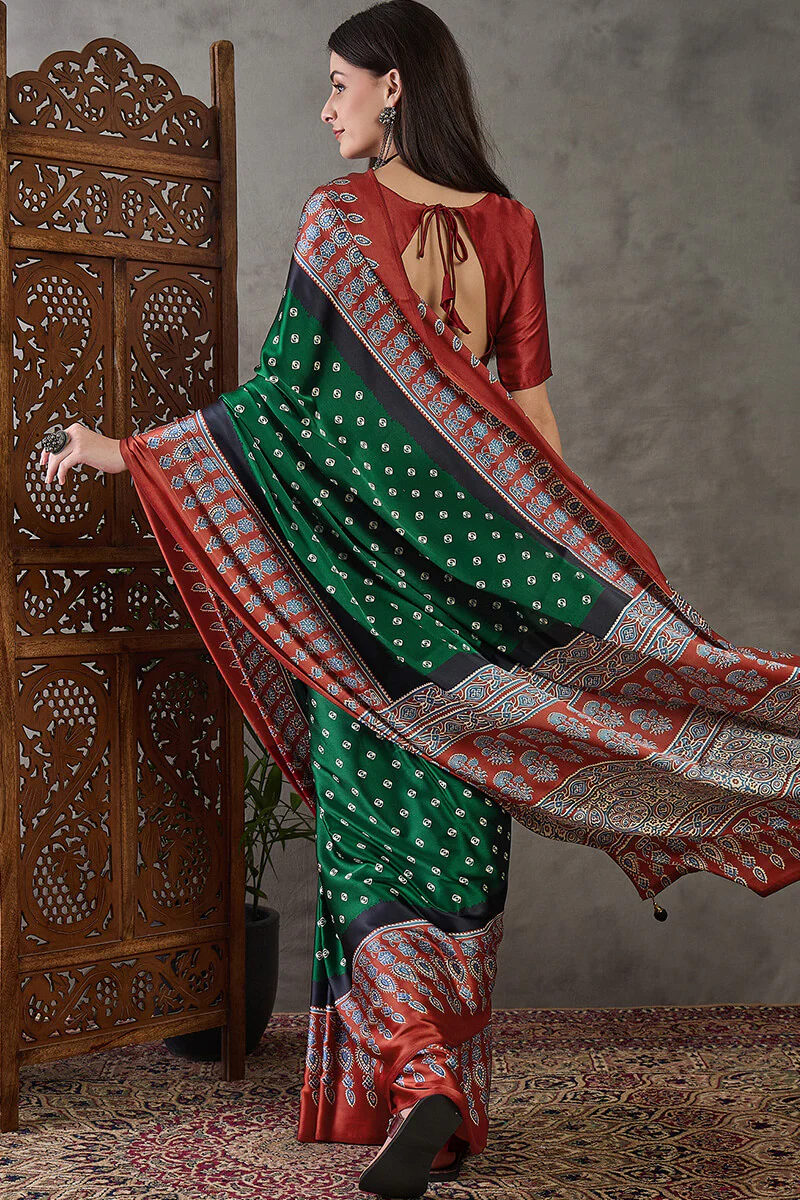 Deserving Dark Green Ajrakh Printed Semi Modal Silk Saree With Stunner Blouse Piece - Image 7