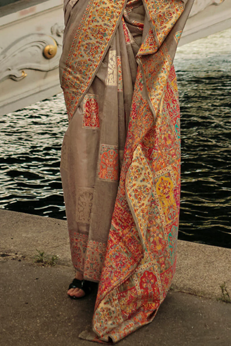 Deserving Grey Pashmina saree With Resplendent Blouse Piece - Image 3