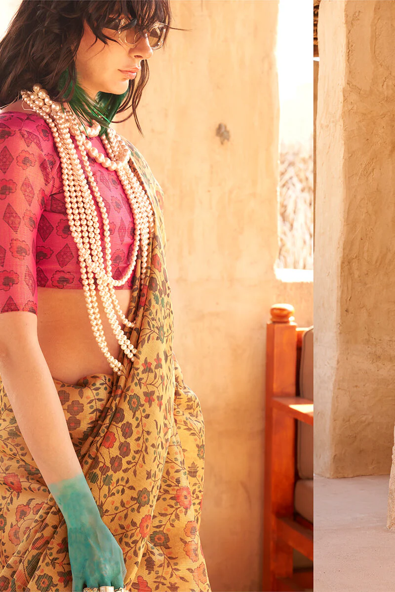 Deserving Mustard Digital Printed Tissue Silk Saree With Impressive Blouse Piece - Image 2
