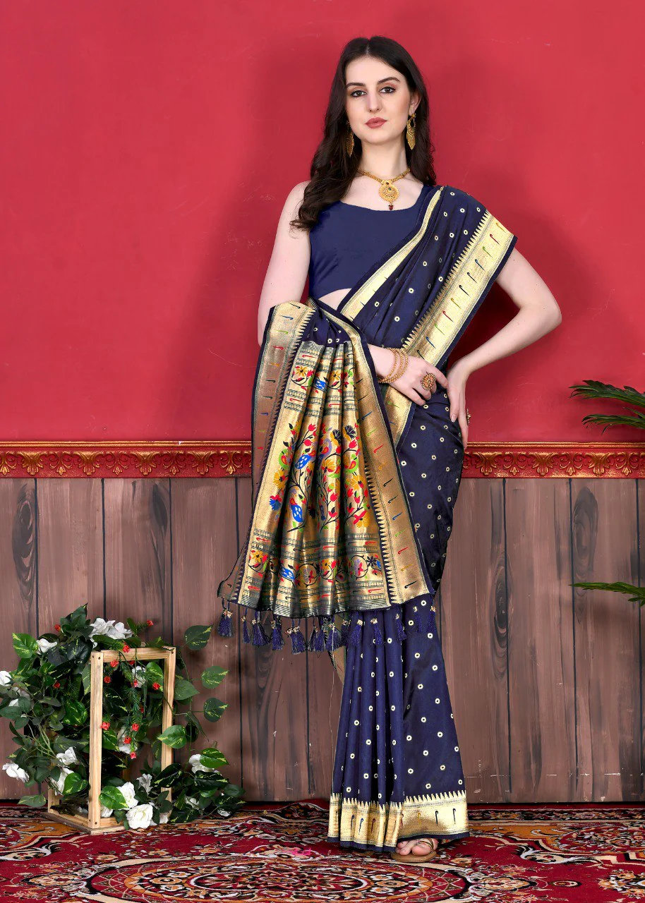 Deserving Navy Blue Paithani Silk Saree With Ethnic Blouse Piece - Image 3