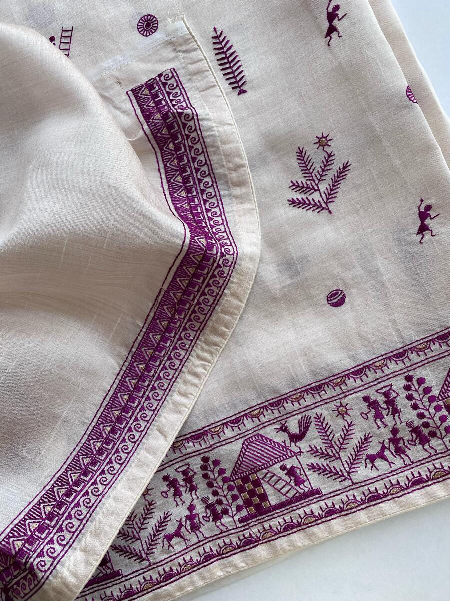 Deserving Off White Embroidery Work Tussar Silk Saree With Blooming Blouse Piece - Image 4
