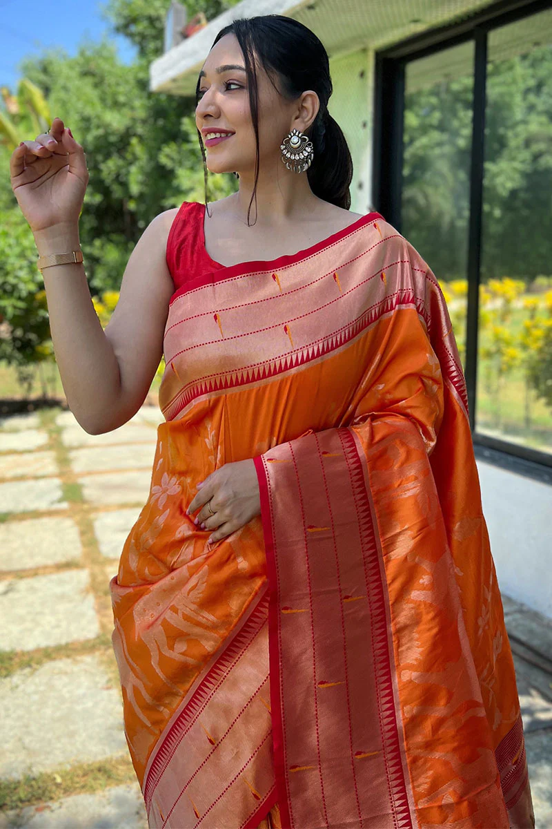 Deserving Orange Paithani Silk Saree With Skinny Blouse Piece - Image 2