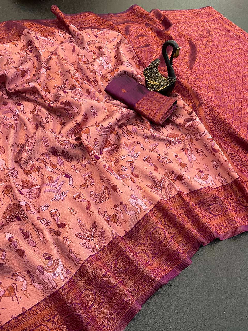 Deserving Pink Soft Banarasi Tissue Silk Saree With Precious Blouse Piece - Image 2