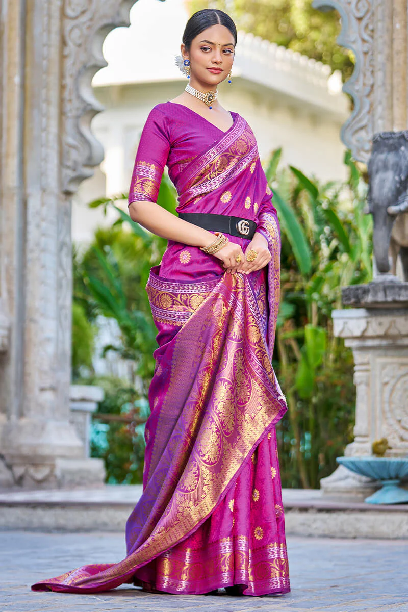 Deserving Purple Kanjivaram Silk Saree With Epiphany Blouse Piece - Image 3