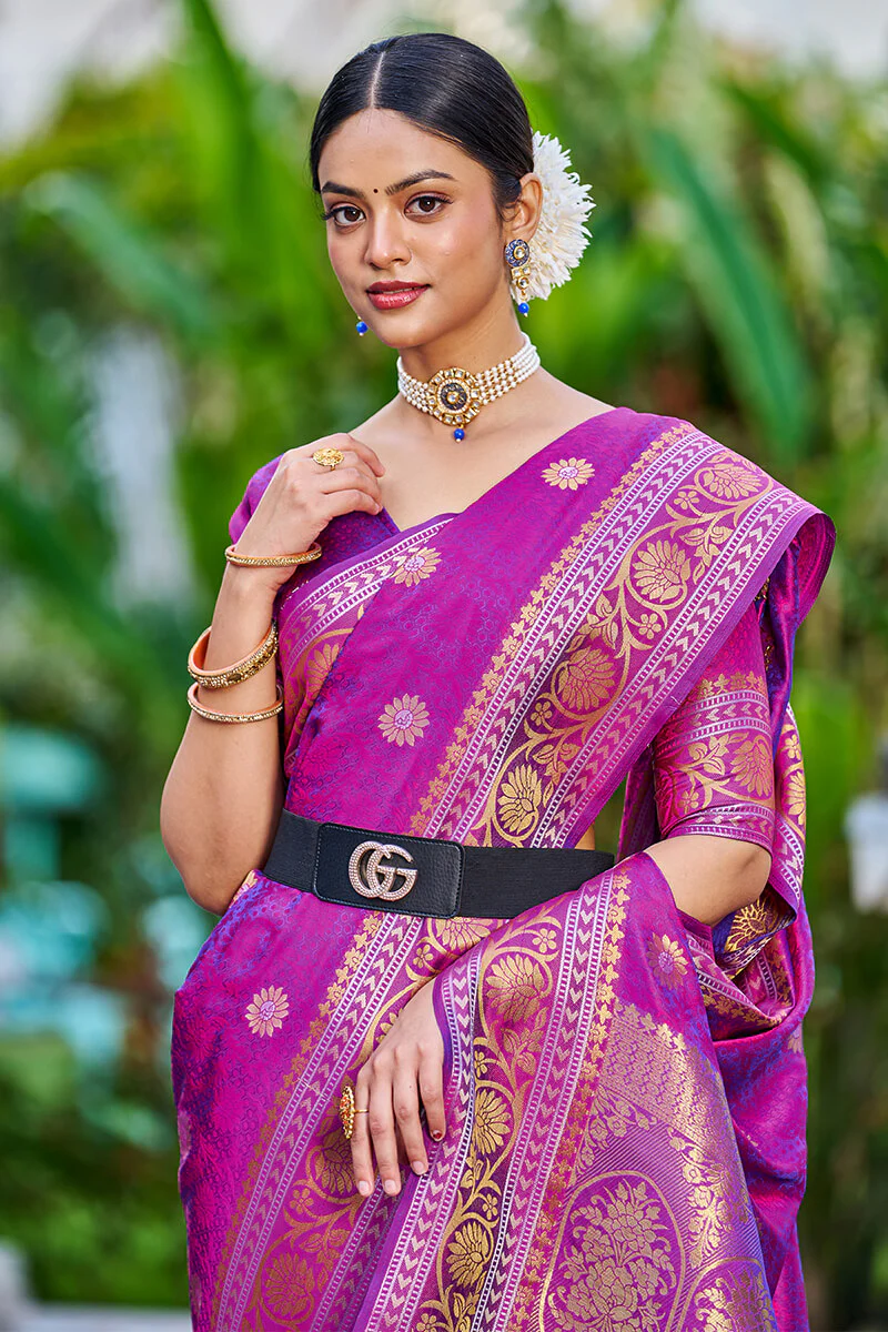 Deserving Purple Kanjivaram Silk Saree With Epiphany Blouse Piece - Image 5