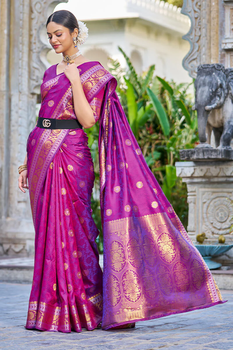 Deserving Purple Kanjivaram Silk Saree With Epiphany Blouse Piece - Image 7
