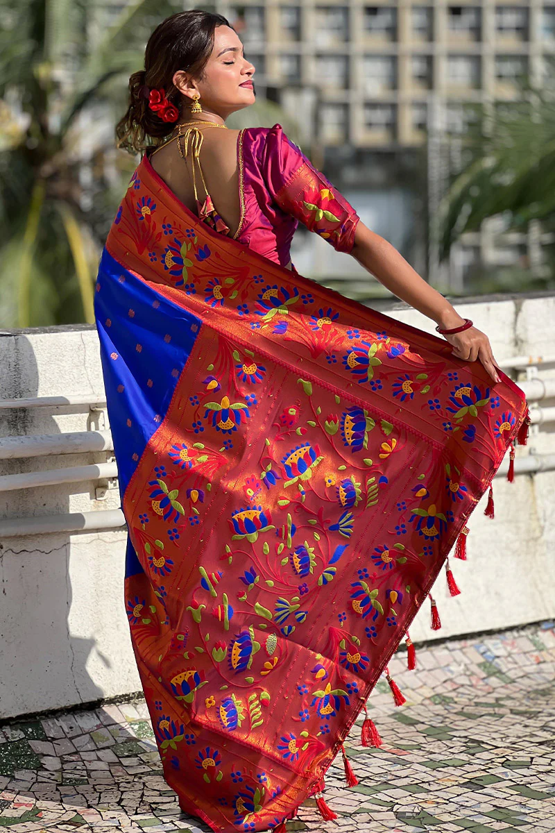 Deserving Royal Blue Paithani Silk Saree With Adorable Blouse Piece - Image 4