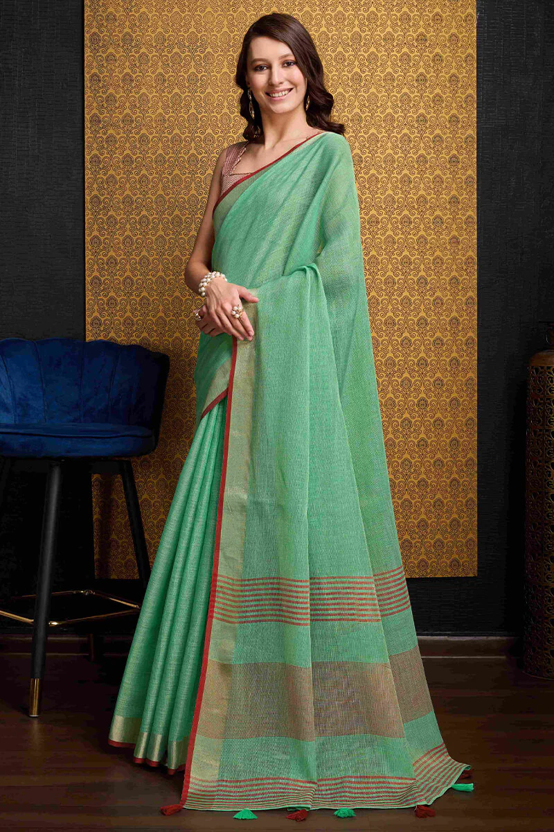 Deserving Sea Green Cotton Silk Saree With Ethereal Blouse Piece - Image 3