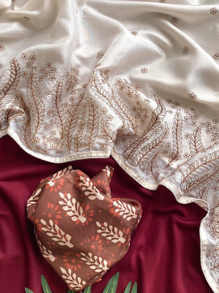 Designer Beige Embroidery Work Kota Silk Saree With Beauteous Blouse Piece - Image 2