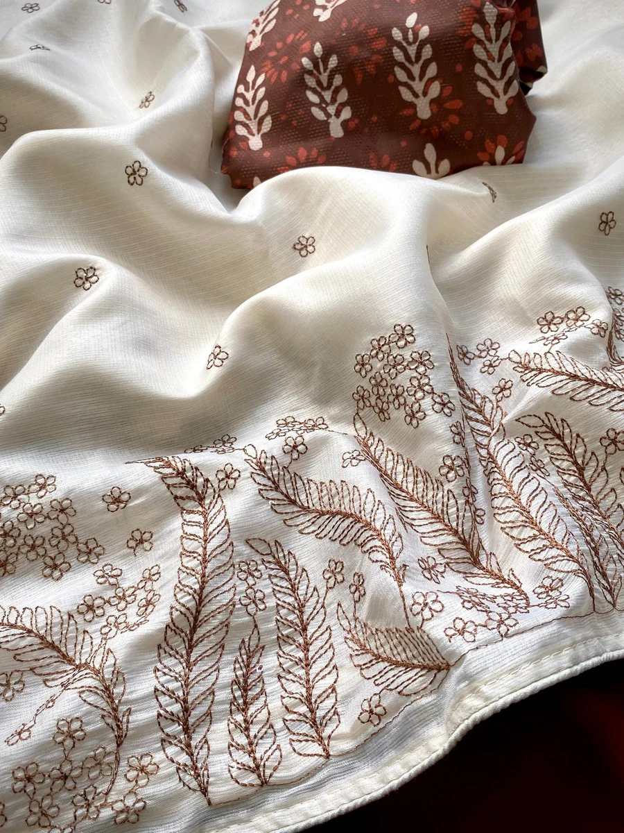 Designer Beige Embroidery Work Kota Silk Saree With Beauteous Blouse Piece - Image 4
