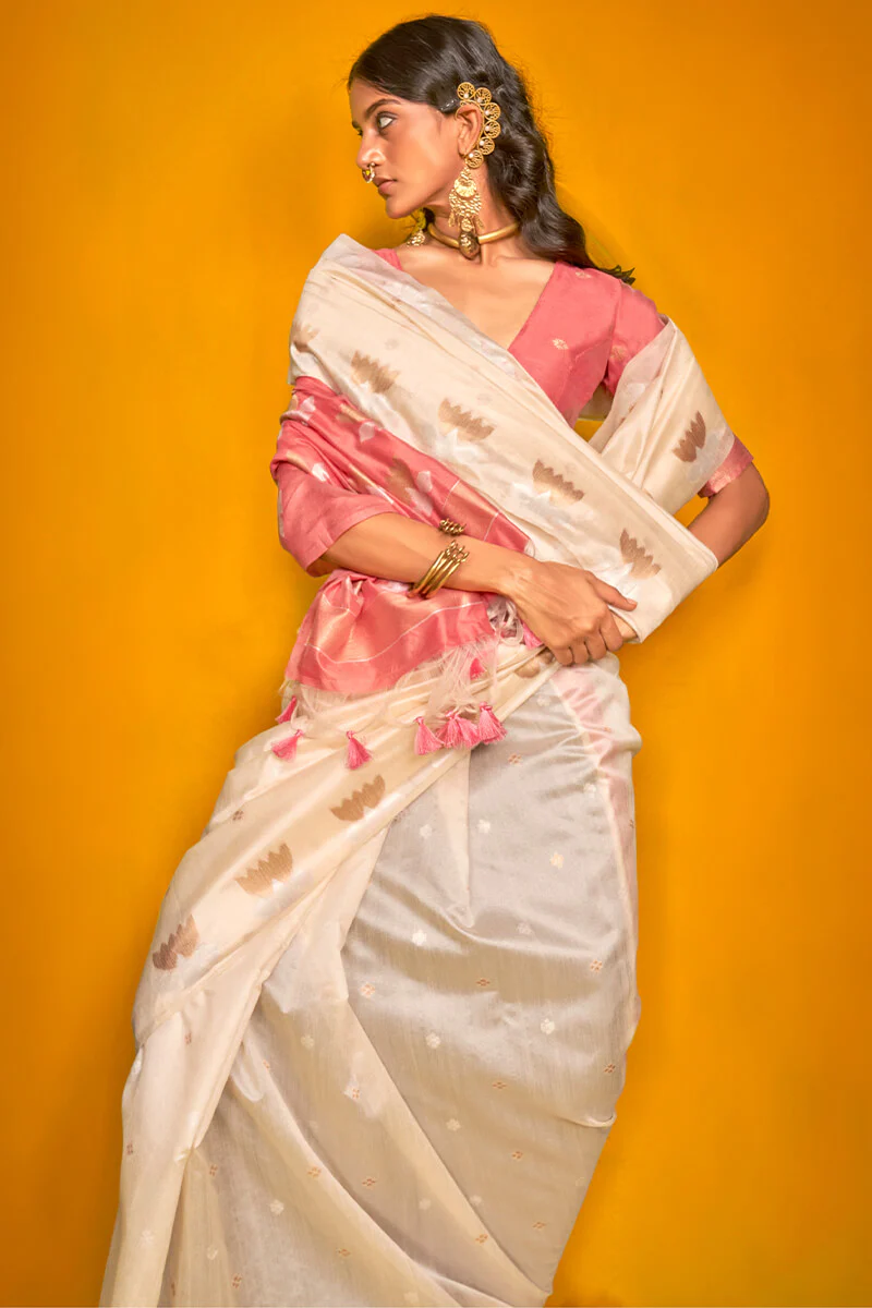 Designer Beige Soft Banarasi Silk Saree With Arresting Blouse Piece - Image 2