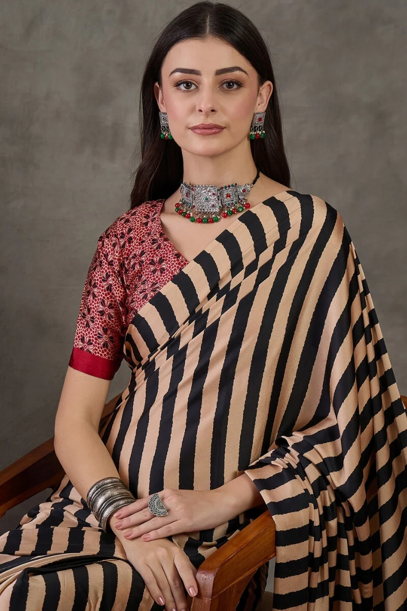 Designer Black Ajrakh Printed Semi Modal Silk Saree With Prodigal Blouse Piece - Image 2
