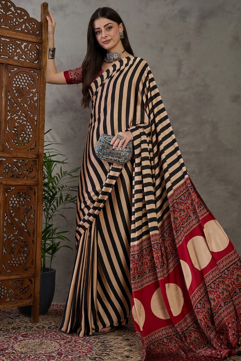 Designer Black Ajrakh Printed Semi Modal Silk Saree With Prodigal Blouse Piece - Image 3