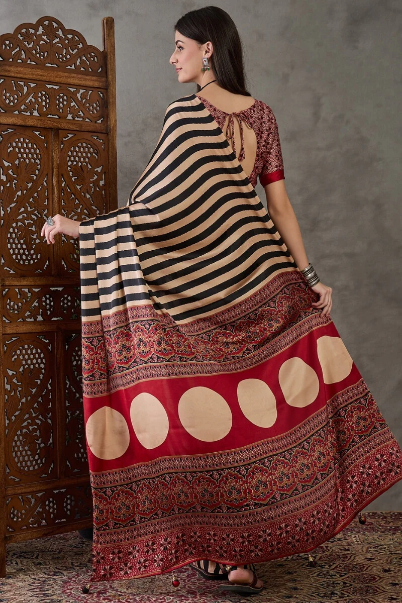 Designer Black Ajrakh Printed Semi Modal Silk Saree With Prodigal Blouse Piece - Image 7
