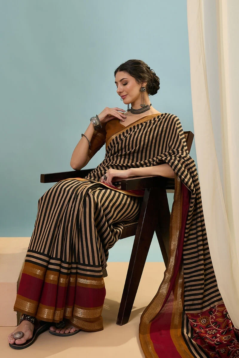 Designer Black Printed Cotton Silk Saree With Embellished Blouse Piece - Image 2
