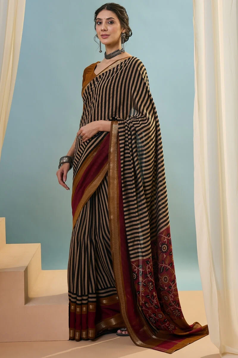Designer Black Printed Cotton Silk Saree With Embellished Blouse Piece - Image 5