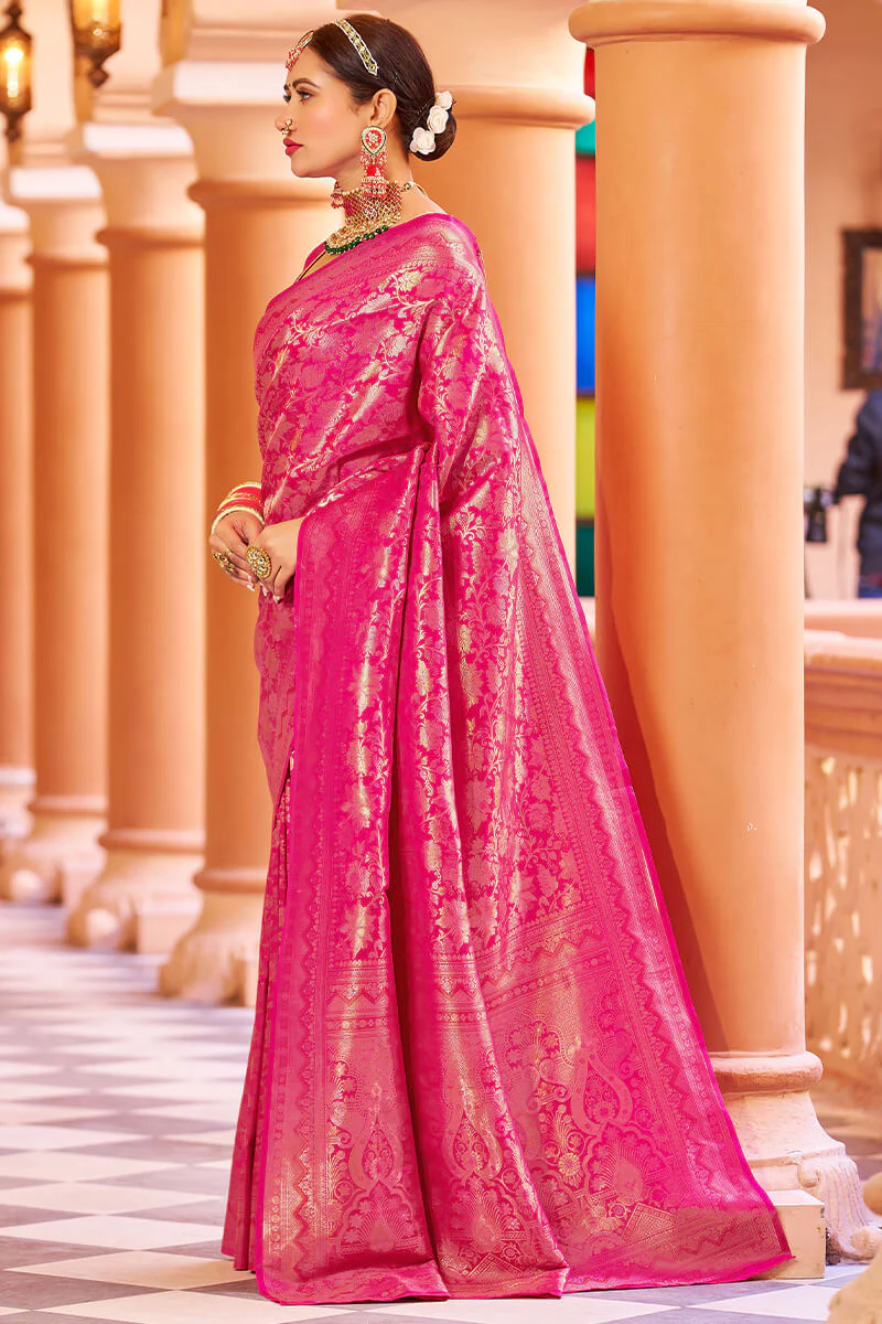 Designer Dark Pink Kanjivaram Silk Saree With Ethnic Blouse Piece - Image 3