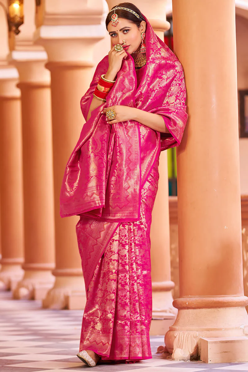 Designer Dark Pink Kanjivaram Silk Saree With Ethnic Blouse Piece - Image 4