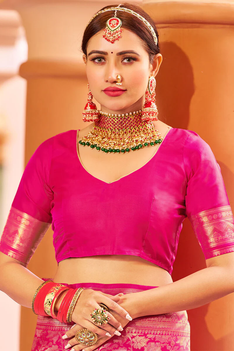 Designer Dark Pink Kanjivaram Silk Saree With Ethnic Blouse Piece - Image 6