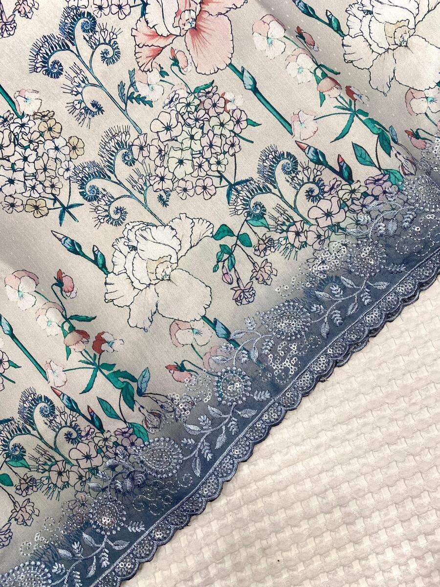 Designer Grey Embroidery Work Tussar Silk Saree With Stylish Blouse Piece - Image 3