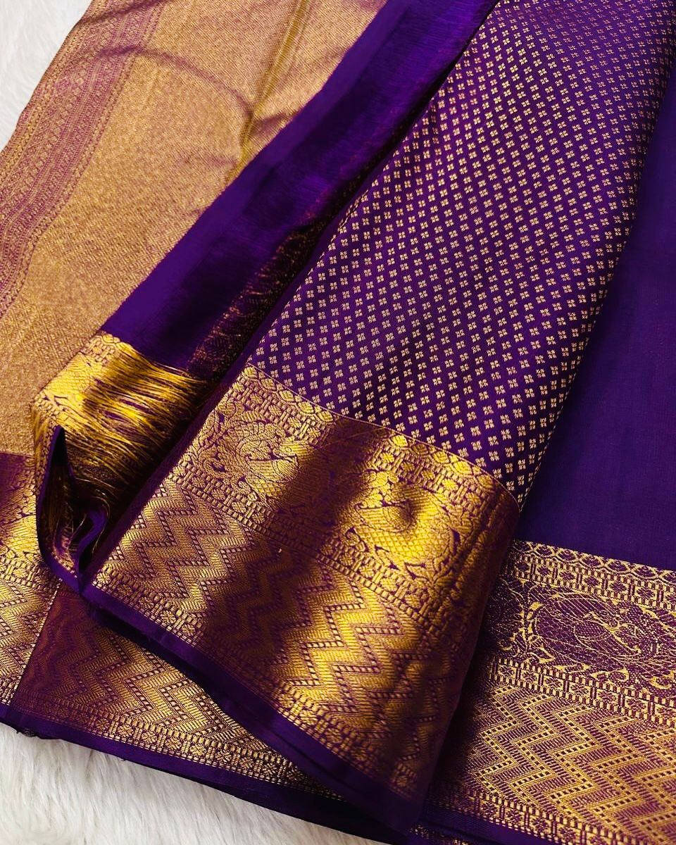 Designer Purple Soft Banarasi Silk Saree With Groovy Blouse Piece - Image 2