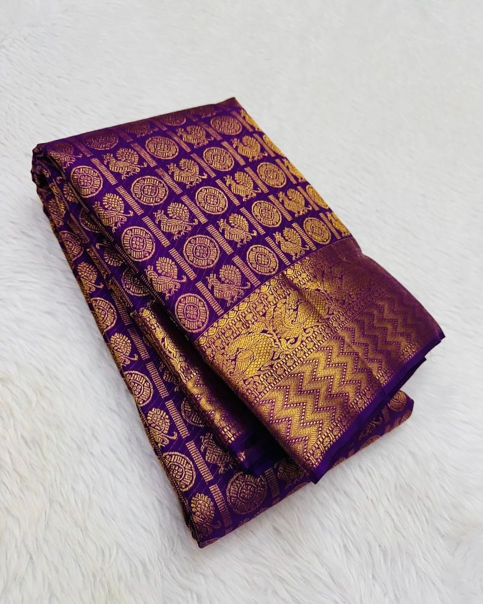 Designer Purple Soft Banarasi Silk Saree With Groovy Blouse Piece - Image 3