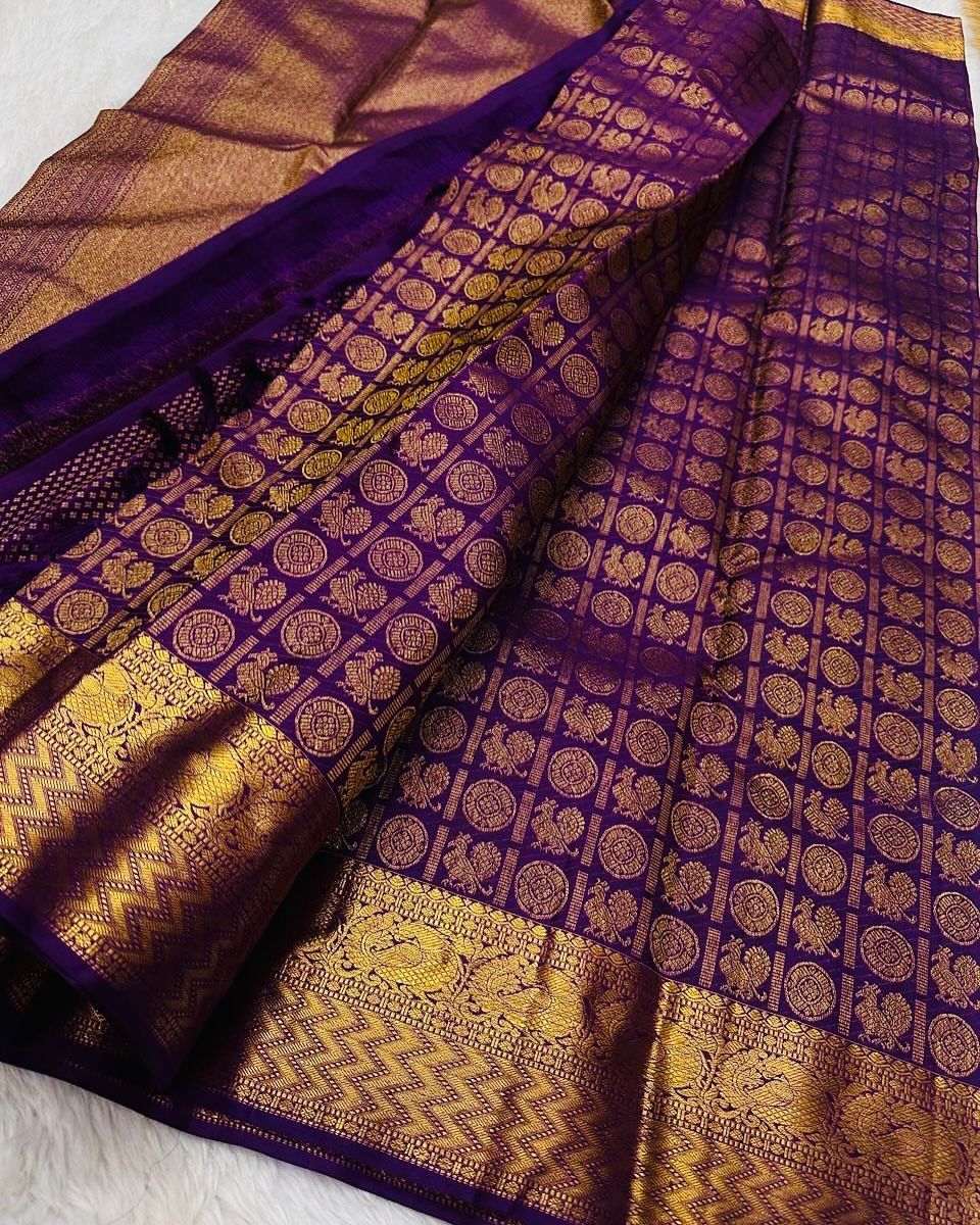 Designer Purple Soft Banarasi Silk Saree With Groovy Blouse Piece - Image 4