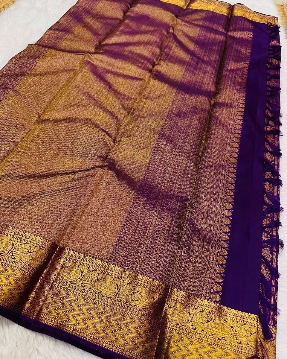 Designer Purple Soft Banarasi Silk Saree With Groovy Blouse Piece - Image 5