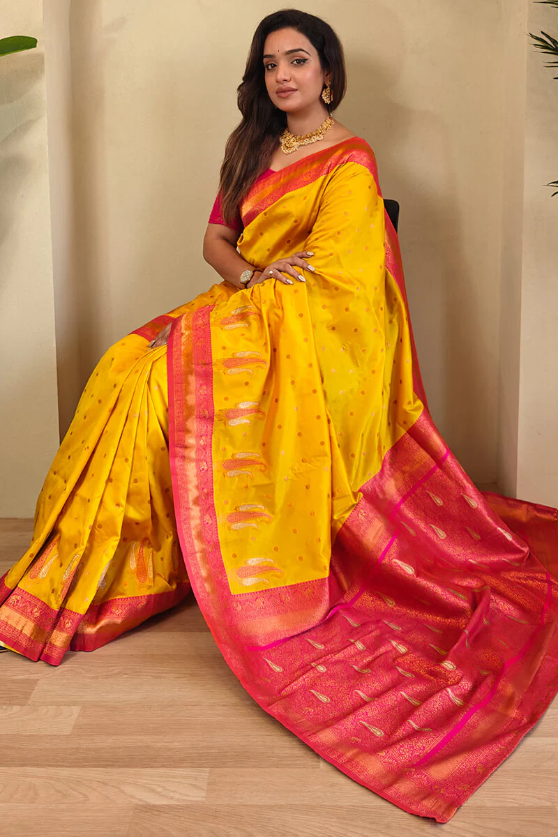 Designer Yellow Soft Banarasi Silk Saree With Adorning Blouse Piece - Image 2