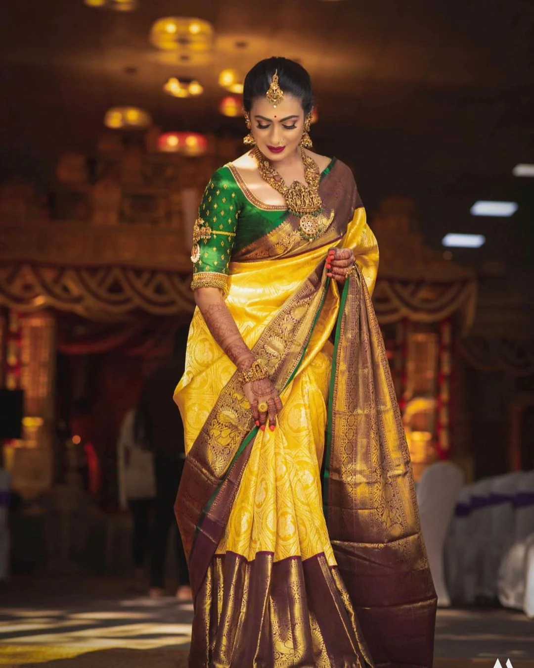 Designer Yellow Soft Banarasi Silk Saree With Flamboyant Blouse Piece - Image 3