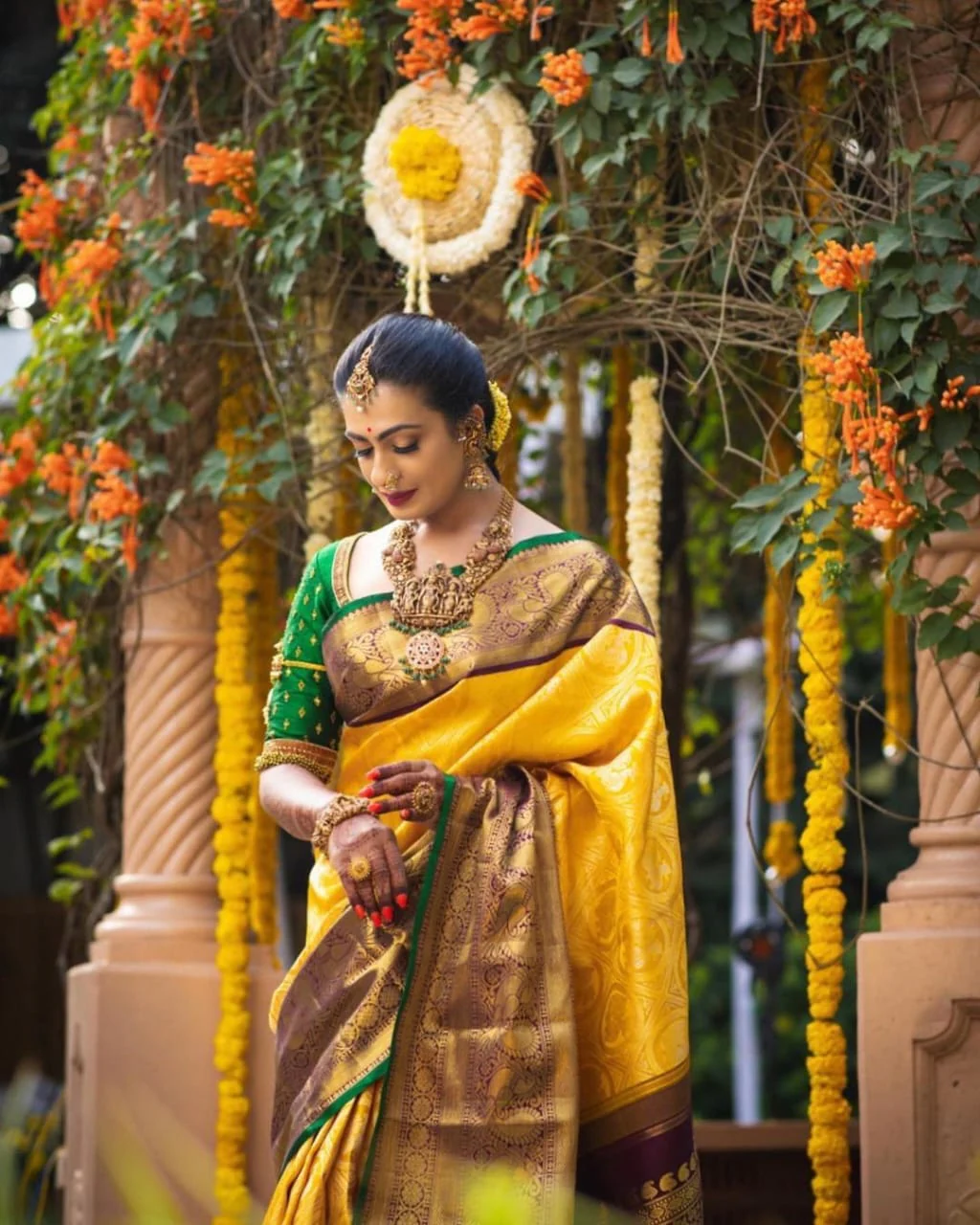 Designer Yellow Soft Banarasi Silk Saree With Flamboyant Blouse Piece - Image 6