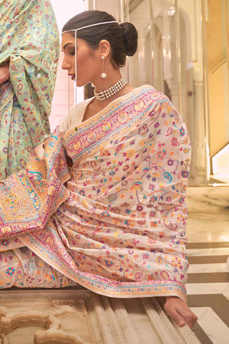 Desirable Beige Pashmina saree With Exquisite Blouse Piece - Image 2