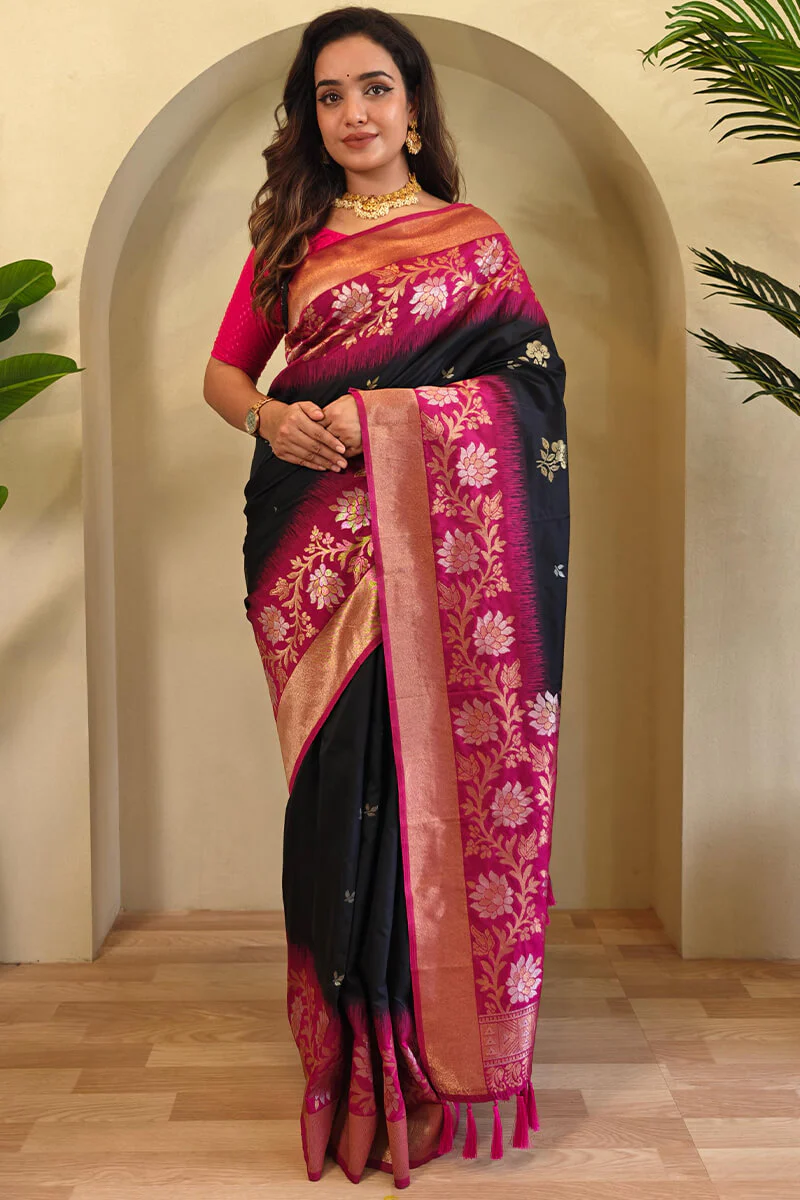 Desirable Black Soft Banarasi Silk Saree With Ephemeral Blouse Piece