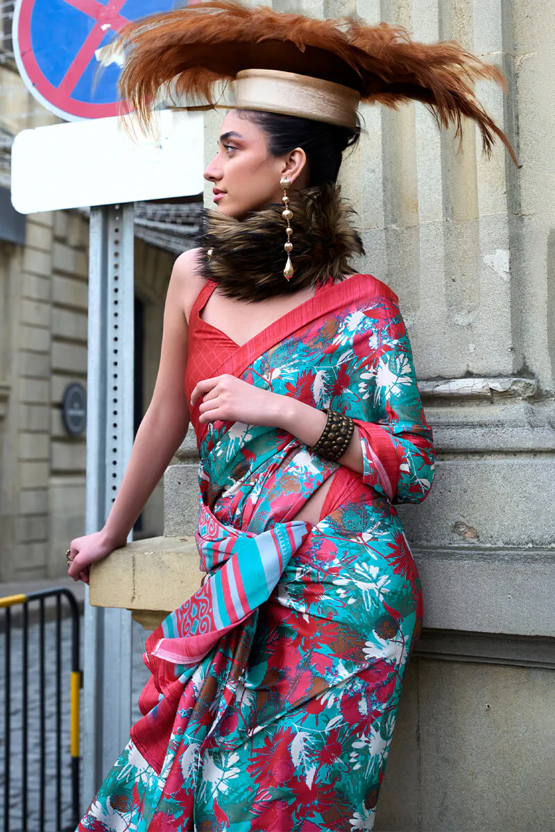 Desirable Firozi Digital Printed Satin Silk Saree With Adoring Blouse Piece - Image 2
