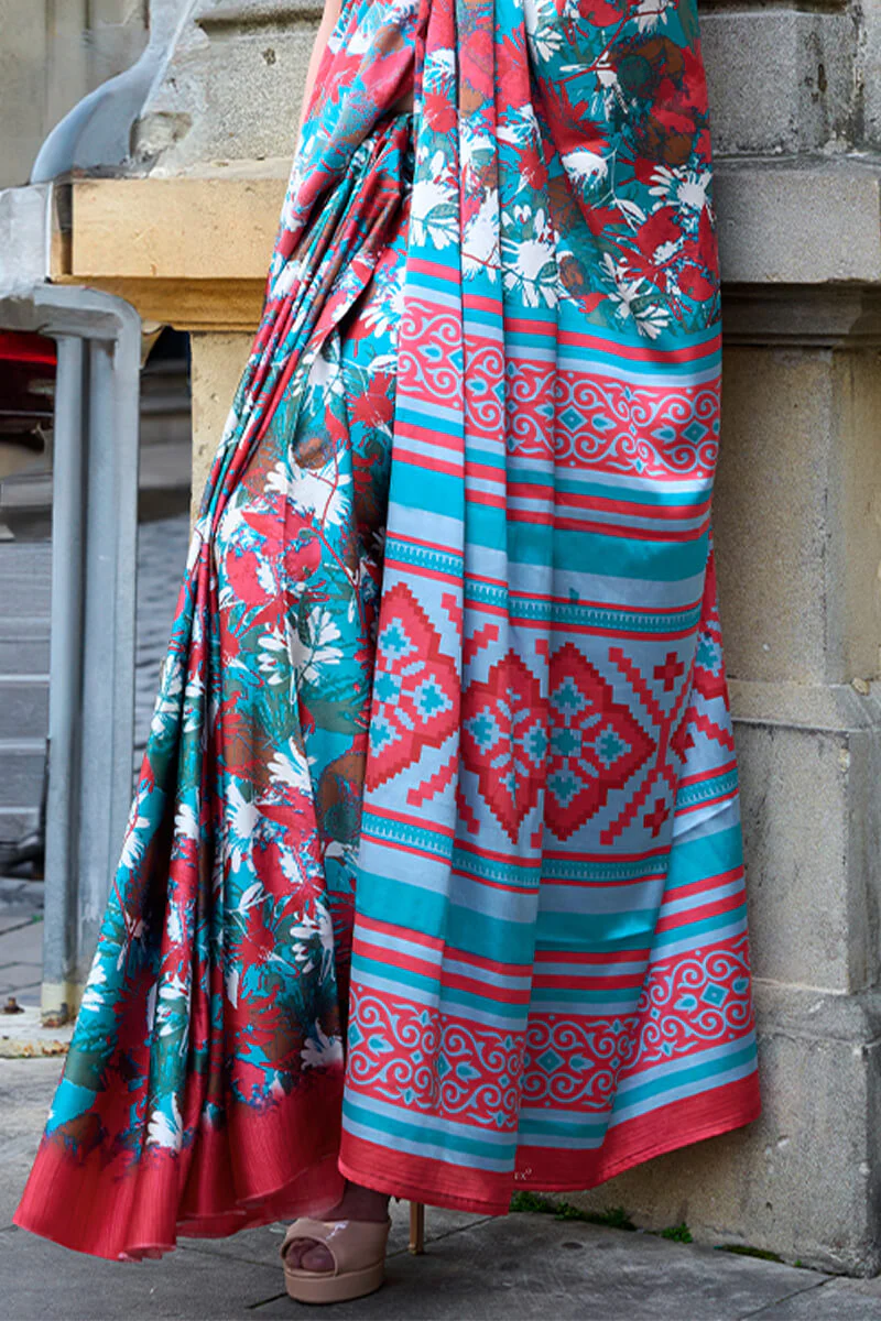 Desirable Firozi Digital Printed Satin Silk Saree With Adoring Blouse Piece - Image 3