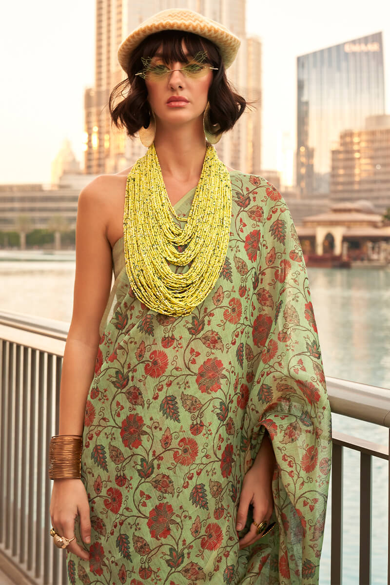 Desirable Mehndi Digital Printed Tissue Silk Saree With Ebullience Blouse Piece - Image 2