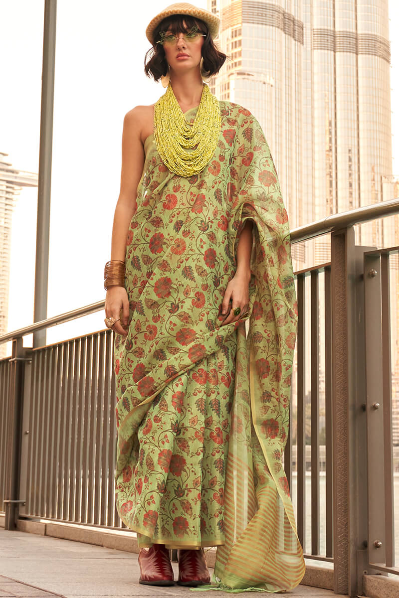 Desirable Mehndi Digital Printed Tissue Silk Saree With Ebullience Blouse Piece - Image 3